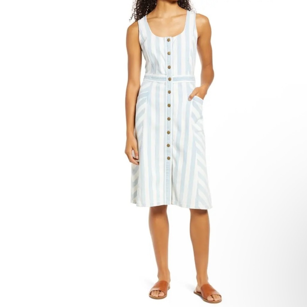 Draper James Light Blue and White Striped Button-Front Midi Dress